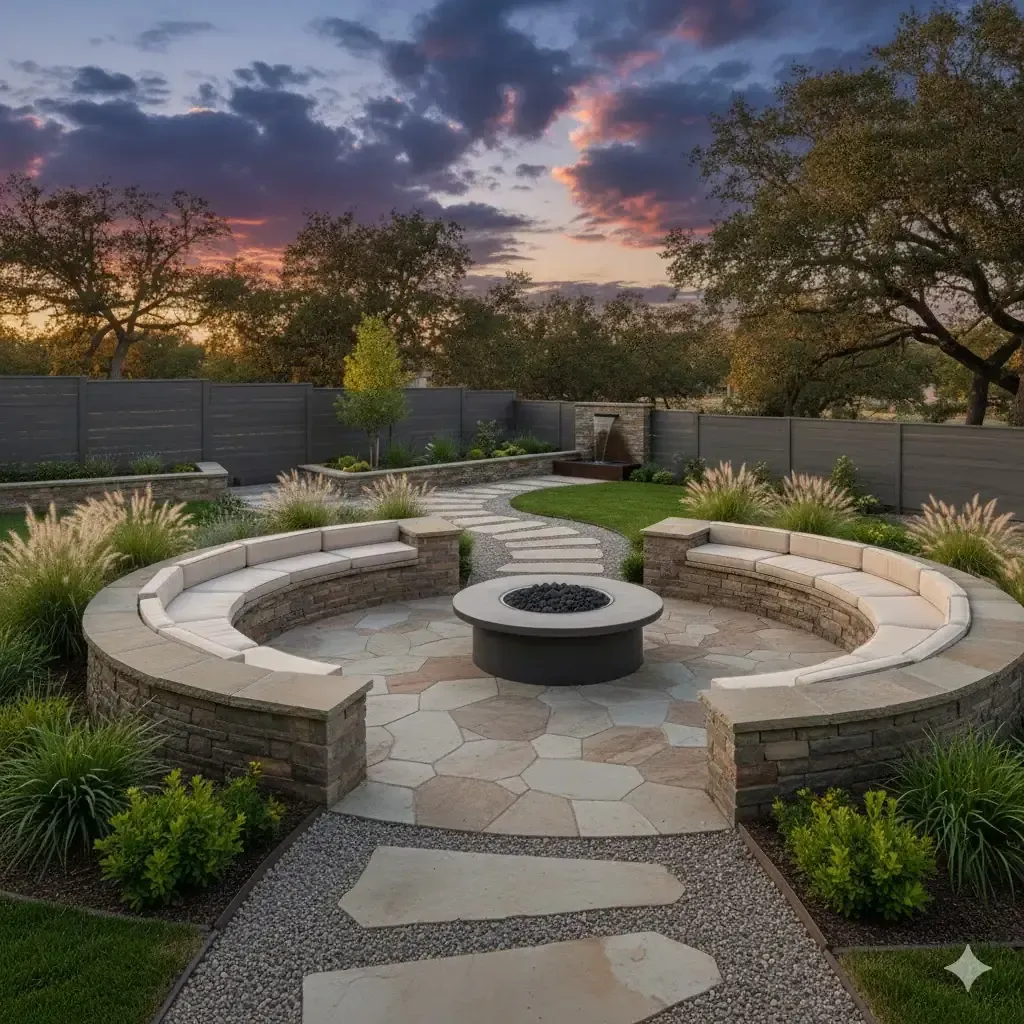 Circular fire pit patio with curved stone seating and landscaped walkway