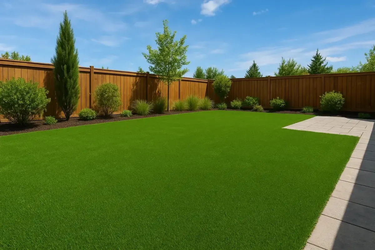 Artificial turf lawn with wood fence, shrubs, and concrete path