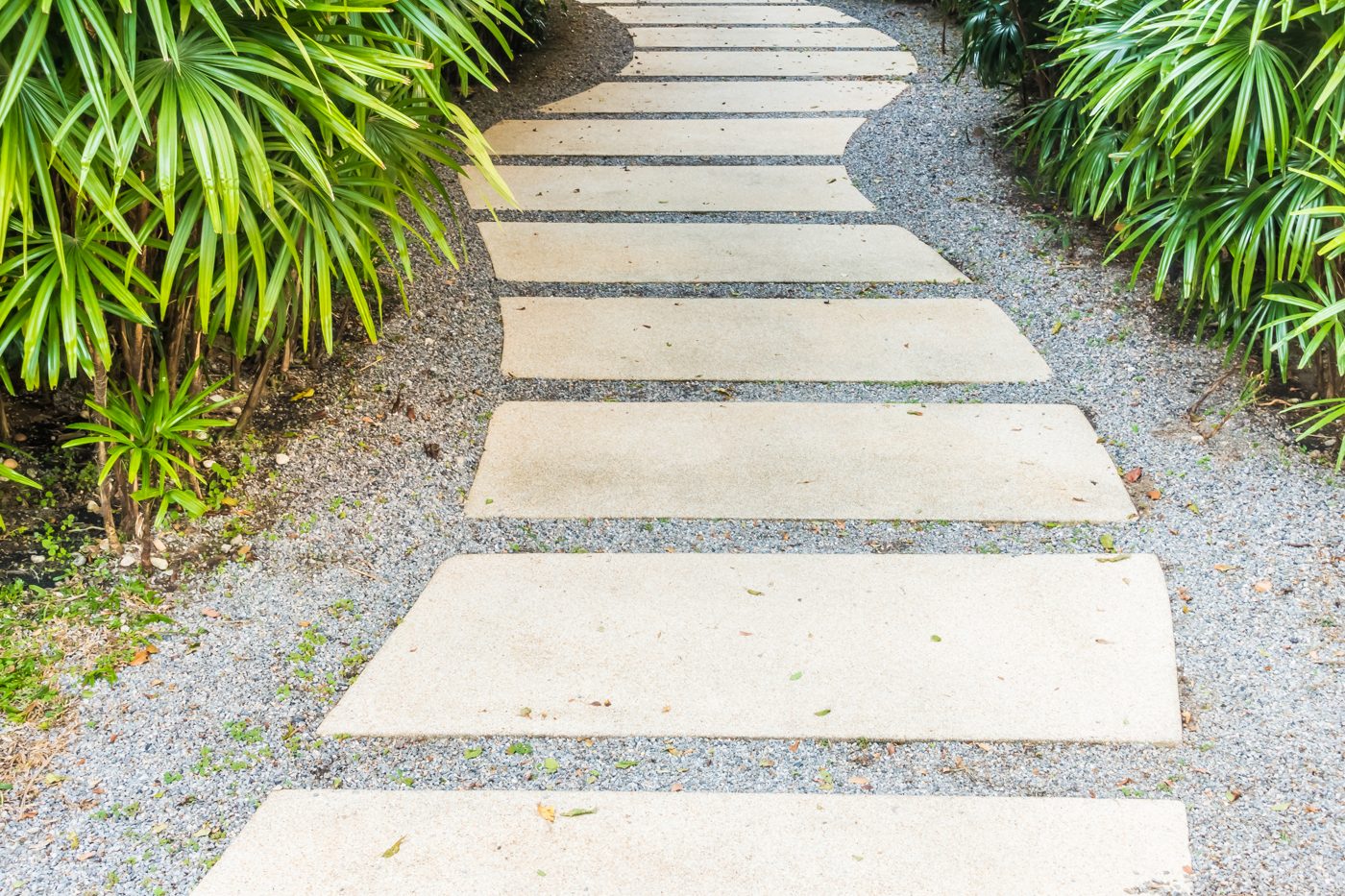 Freshly installed stone walkway winding through a planted garden bed