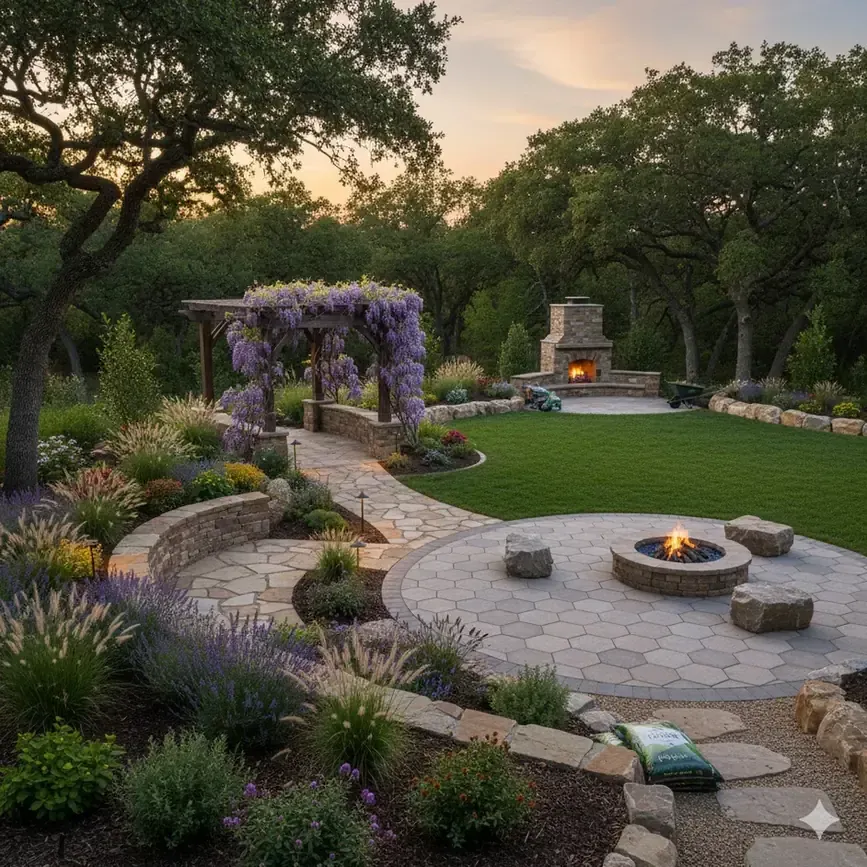 Landscaped backyard with fire pit, lawn, stone paths, and garden beds