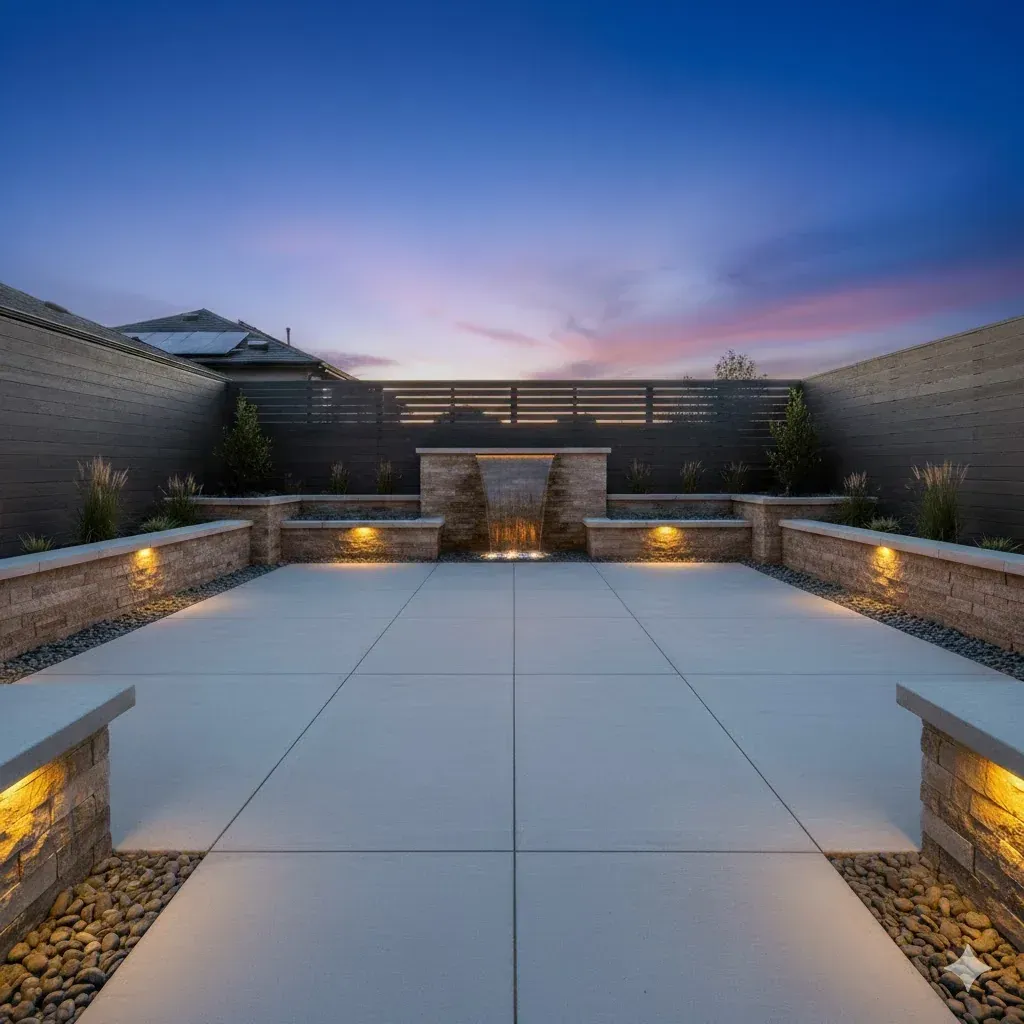 Modern concrete patio with retaining walls, lighting, and water feature