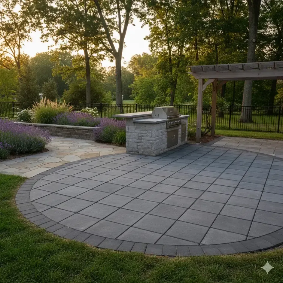 Curved paver patio with outdoor kitchen, pergola, and landscaped border