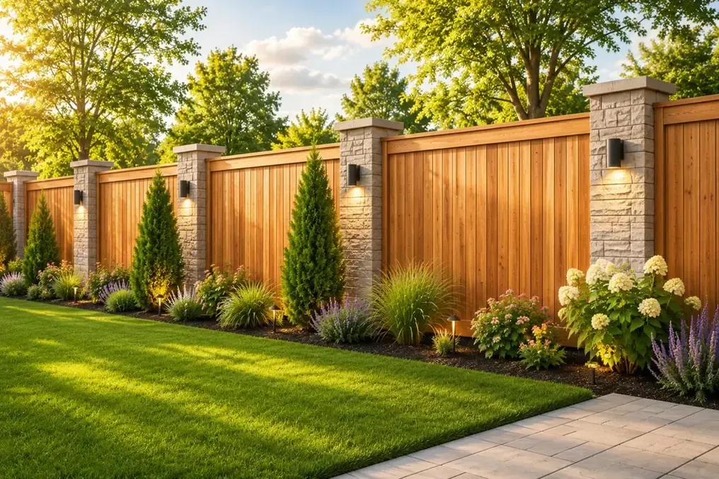 Wood privacy fence with stone columns, landscape lighting, and garden border